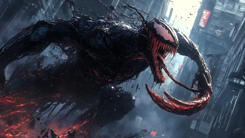 Symbiotic creature lunges through alleyway with molten tendrils exposed