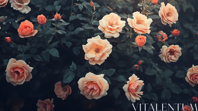Coral and peach garden roses among dark foliage.