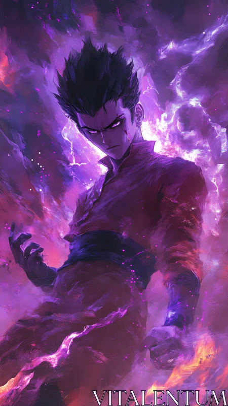 Voltaic warrior enveloped in violet plasma turbulence.