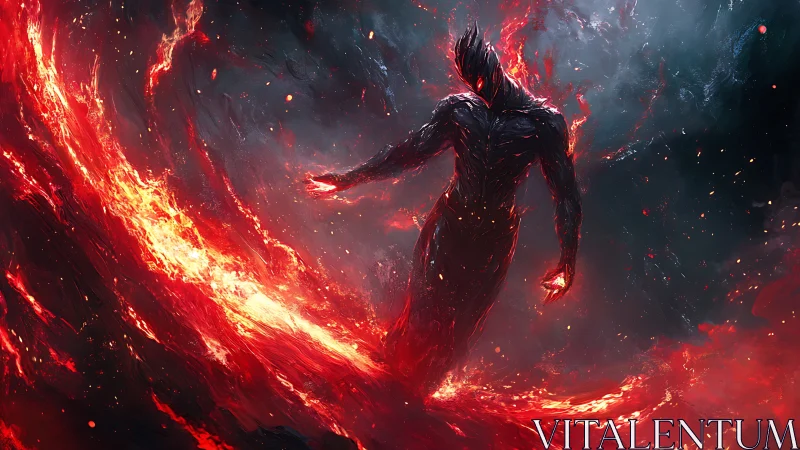 Fiery shadow entity strides through swirling cosmic inferno