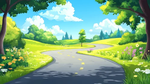 Sunlit country road curls through cartoon-bright meadows