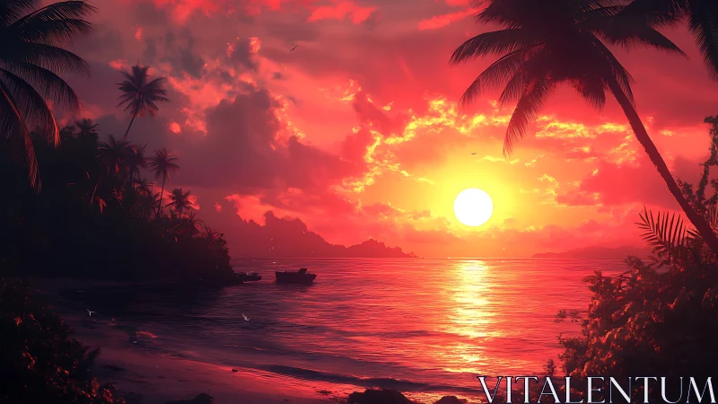 Tropical island shoreline under vivid red sunset sky.