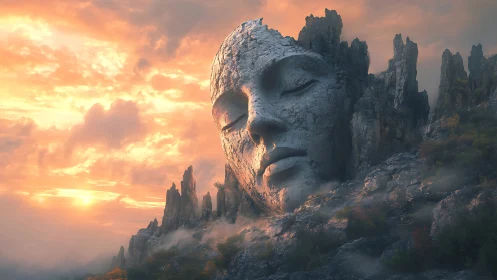 Monolithic stone visage embedded in twilight mountain range.
