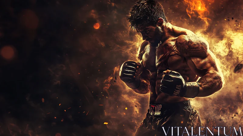 Backlit fighter framed by dynamic embers and high-contrast rim light