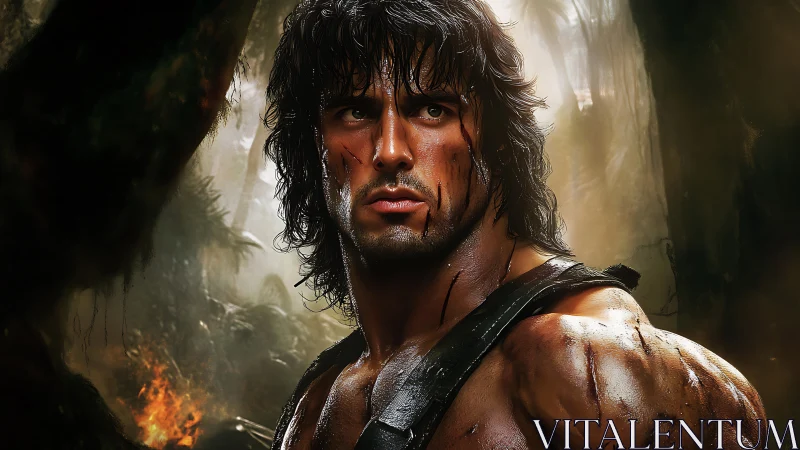 Battle-worn jungle warrior in tense cinematic close-up.