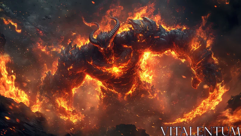 Molten horned fire titan emerging from volcanic inferno.