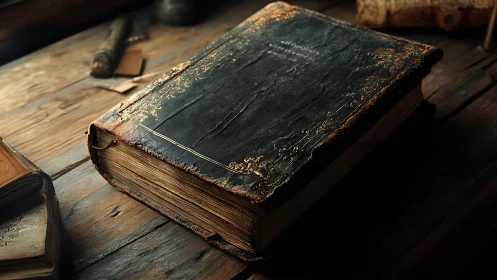 Weathered leather tome on rustic wooden desk in chiaroscuro.