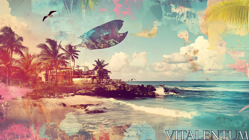 Layered tropical coastline collage with surf and palm trees.