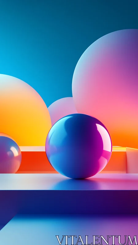 Glowing spheres rest in soft neon light on calm, clean steps