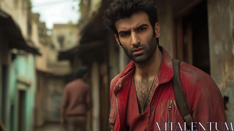 Brooding man in red jacket walks through narrow alleyway.