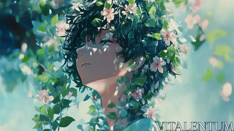 Softly lit anime portrait merges foliage, blossoms and skin planes