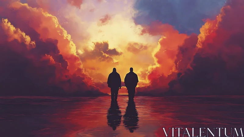 Two silhouettes walk into a blazing stormlit horizon sky