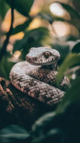 Coiled snake resting on branch in dense green foliage.