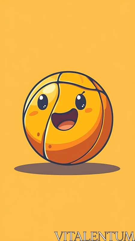 Cute cartoon basketball character on solid yellow background.