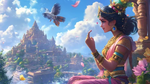 Princess sits by ornate temple city under bright sky