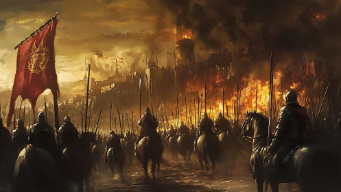 Crimson standard rises above knights at a burning fortress.