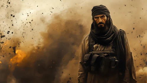 Militant figure amid explosion and dense smoke cloud.