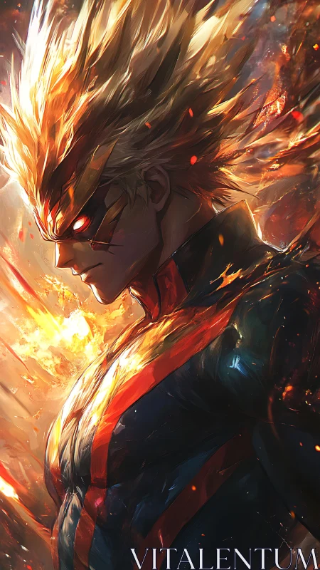Blazing hero stands tall in a storm of flame and light