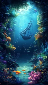 Sunken sailing ship amid luminous coral reef canyon.