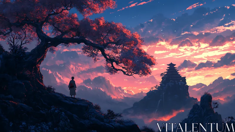 Twilight wanderer beneath crimson tree facing distant temple.