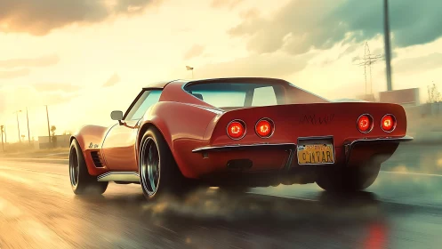Rear view of red classic sports car on wet highway at dusk.