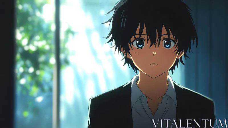 Anime boy stands indoors under diffused window light