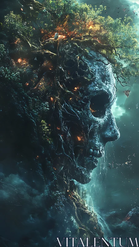 Ancient forest skull cliff merges life, decay, and misty light.