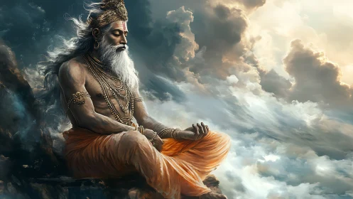 Divine sage meditating above swirling celestial clouds.