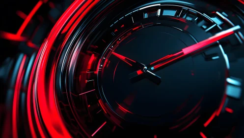 Futuristic clock face in neon red and black digital art style.