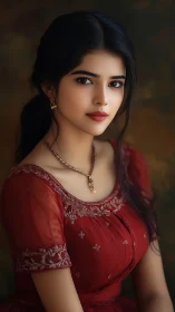 Young woman in red dress against dark neutral backdrop.