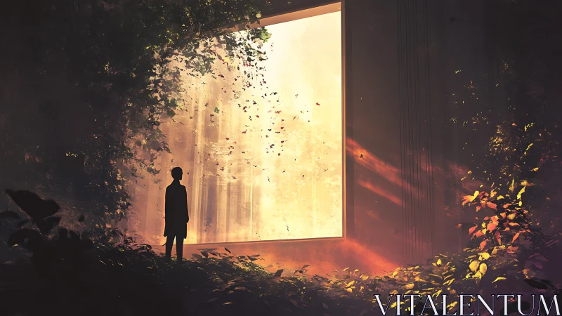 Backlit portal window in overgrown forest chamber at dusk.