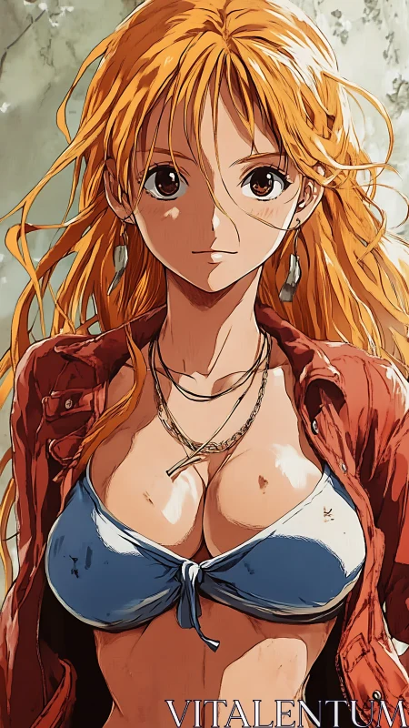 Confident anime heroine stands in sunlit, windswept street