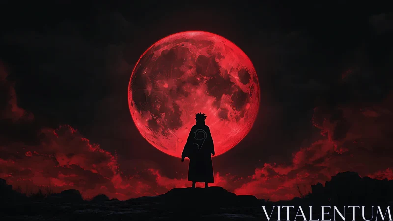Lone cloaked figure stands before a glowing red moon.