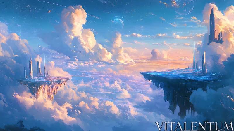 Floating sky cities glow above clouds in a serene cosmos
