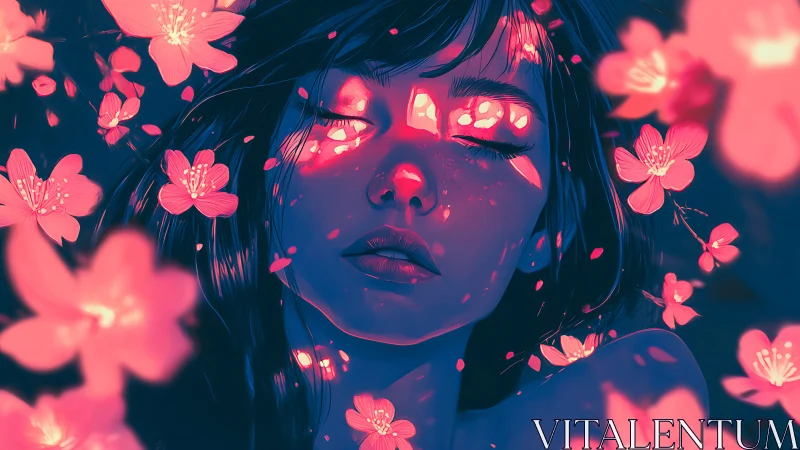 Soft neon blossoms drifting across a dreaming face.