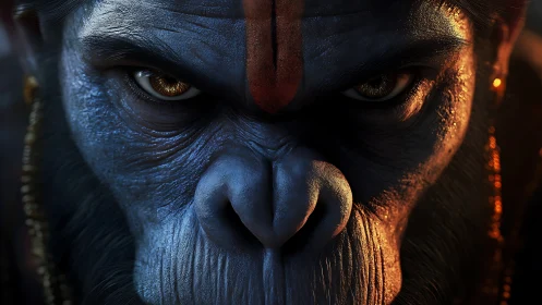 Fierce blue simian warrior gazes forward with burning focus