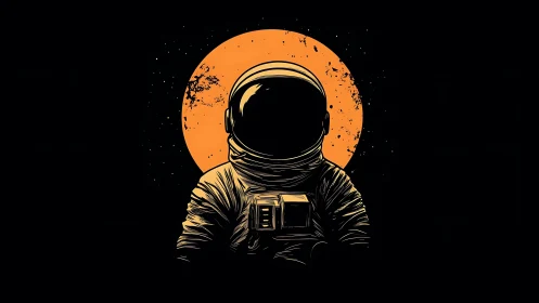 Solitary astronaut silhouette against bold orange planet.