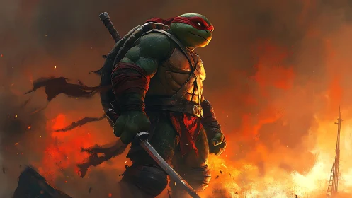 Dynamic digital painting of armored turtle warrior in flames.