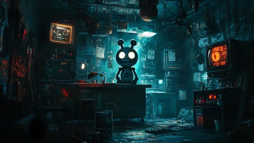 Robot figure in dim cyberpunk control room interior.