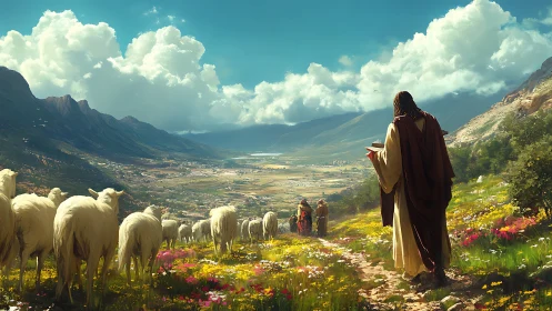 Shepherd guide leading flock through bright mountain valley.