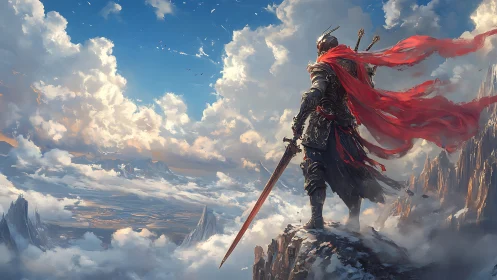 Armored warrior surveys a boundless sky kingdom at dawn