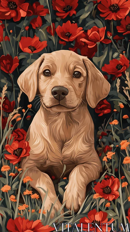 Golden puppy rests gently among vivid scarlet poppies