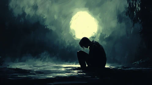 Moonlit solitude wraps a bowed figure in restless shadows.