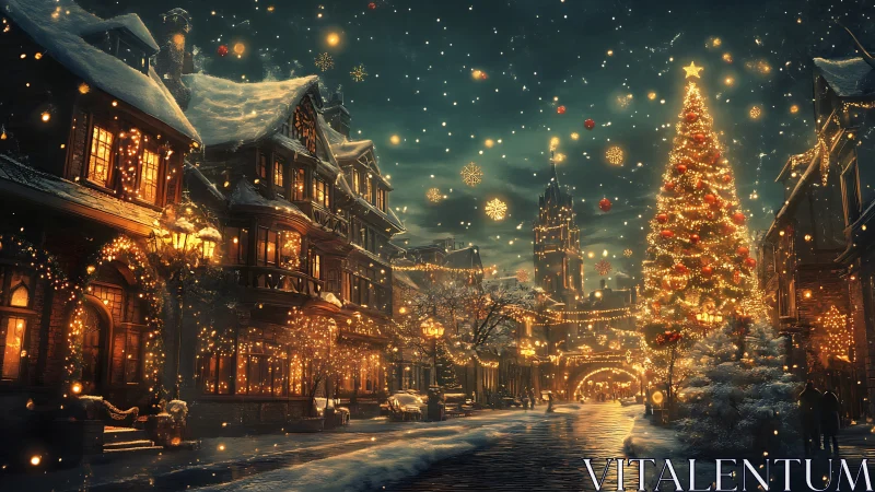 Snow-covered town street with illuminated Christmas tree scene.