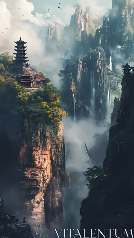 Mountain temple above misty cliffs and cascading waterfalls.