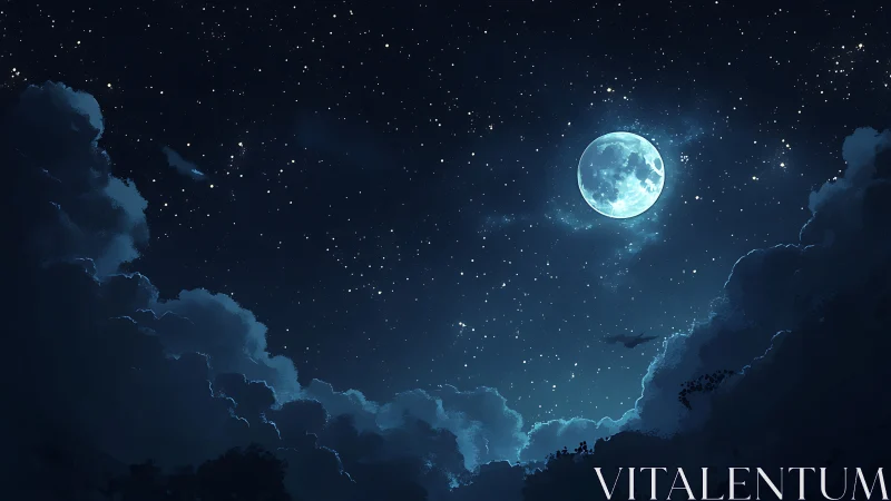 Moonlit nocturnal sky framed by dense cumulus clouds.