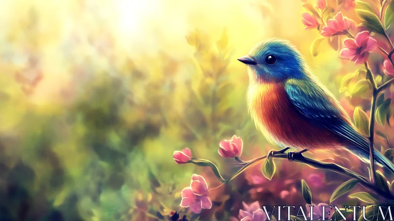 A Vibrant Bird Perches Among Blooming Pink Flowers