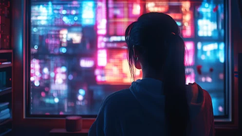 Coder in neon-lit room facing abstract digital cityscape.