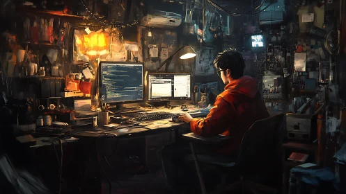 Late night coder glows in a cluttered, creative workspace