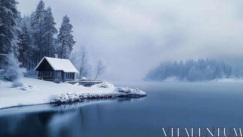 Snowbound lakeside cabin with foggy horizon and soft blue tonality